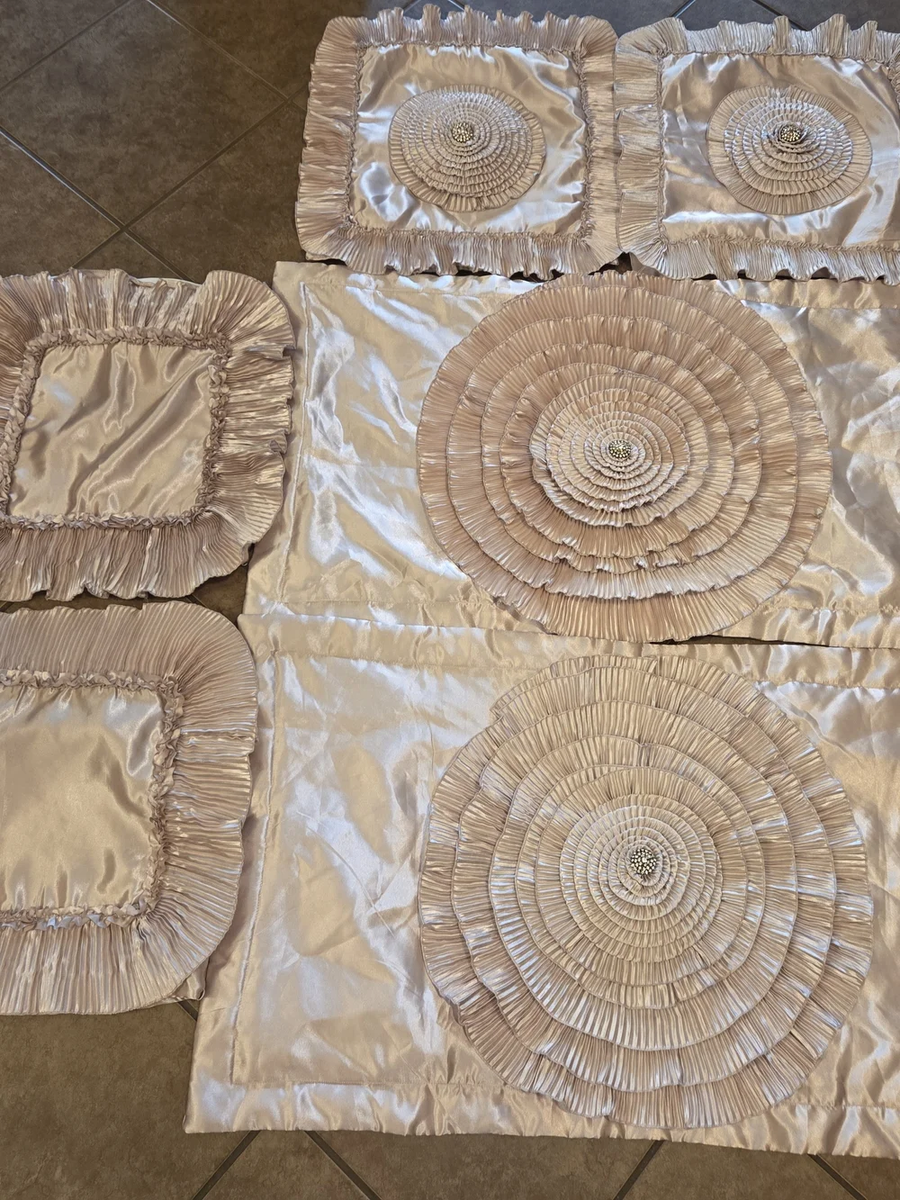 Set Of 6 Light Gold/Champagne Pillow Slips W/Ruffled Rosette Accents And Bling.